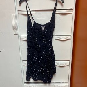 Women’s navy with white polka dots wrap romper!